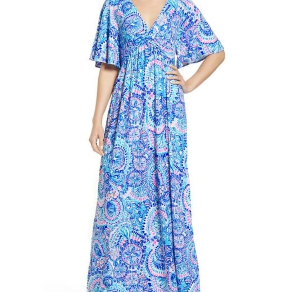 Lilly Pulitzer Blue & Pink Paisley-Print Flutter-Sleeve Maxi Dress
